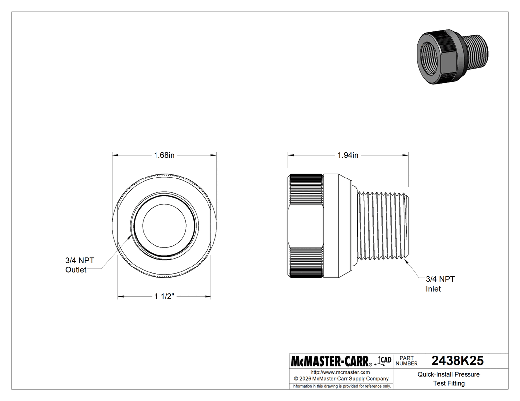 Technical Drawing of Quick-Install Pressure Test Fitting, 3/4 NPT Male Inlet x 3/4 NPT Female Outlet Adapter.
